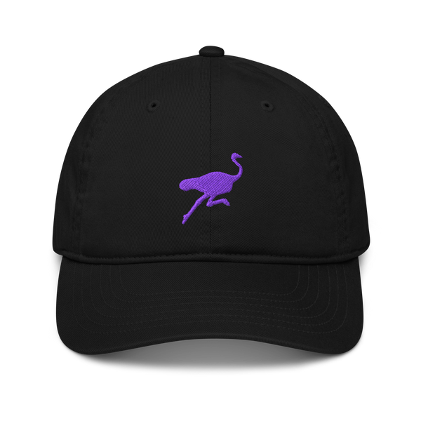 Nostrich organic bitcoin dad hat, front view: a purple running ostrich silhouette embroidered on the front, on a dad hat with a curved brim.