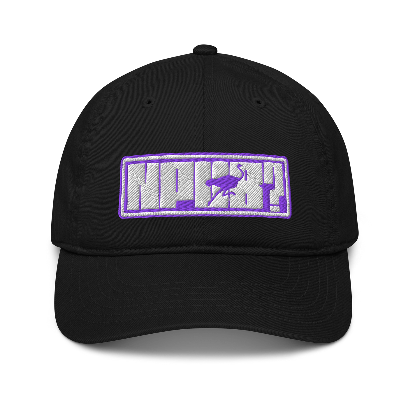 nPub? organic nostr dad hat, front view: an embroidered patch with a purple border reading nPub?, the letter u formed by an ostrich, on a dad hat with a curved brim.