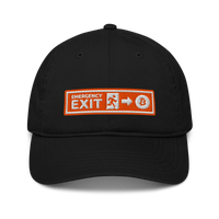 Emergency Exit organic bitcoin dad hat, front view: an embroidered orange emergency-exit sign patch reading EMERGENCY EXIT with a running figure, an arrow and a bitcoin coin, on a dad hat with a curved brim.