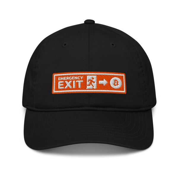 Emergency Exit organic bitcoin dad hat, front view: an embroidered orange emergency-exit sign patch reading EMERGENCY EXIT with a running figure, an arrow and a bitcoin coin, on a dad hat with a curved brim.