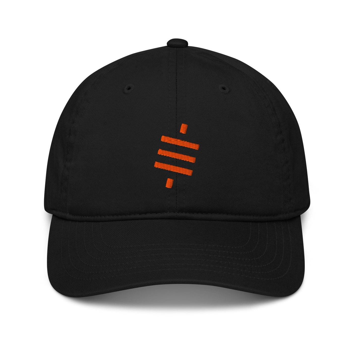 Sats Symbol organic bitcoin dad hat, front view: the orange sats symbol embroidered on the front, three diagonal bars crossed by a vertical stroke, on a dad hat with a curved brim.