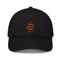 Sats Symbol organic bitcoin dad hat, front view: the orange sats symbol embroidered on the front, three diagonal bars crossed by a vertical stroke, on a dad hat with a curved brim.