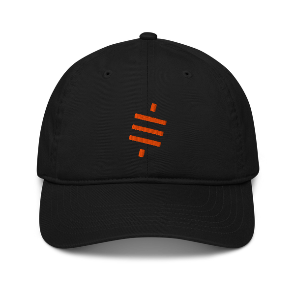 Sats Symbol organic bitcoin dad hat, front view: the orange sats symbol embroidered on the front, three diagonal bars crossed by a vertical stroke, on a dad hat with a curved brim.