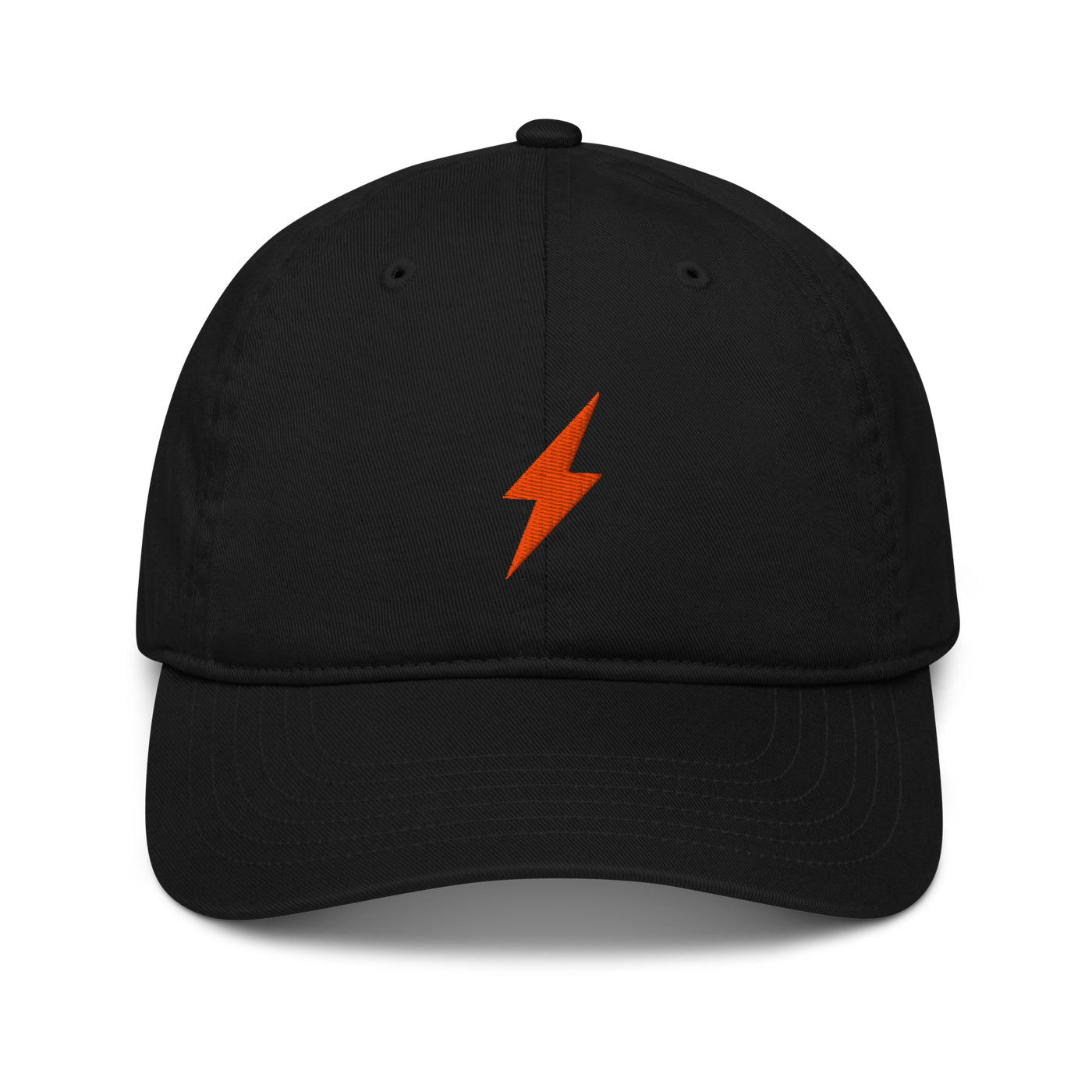 Lightning organic bitcoin dad hat, front view: an orange lightning bolt embroidered on the front, on a dad hat with a curved brim.