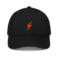 Lightning organic bitcoin dad hat, front view: an orange lightning bolt embroidered on the front, on a dad hat with a curved brim.