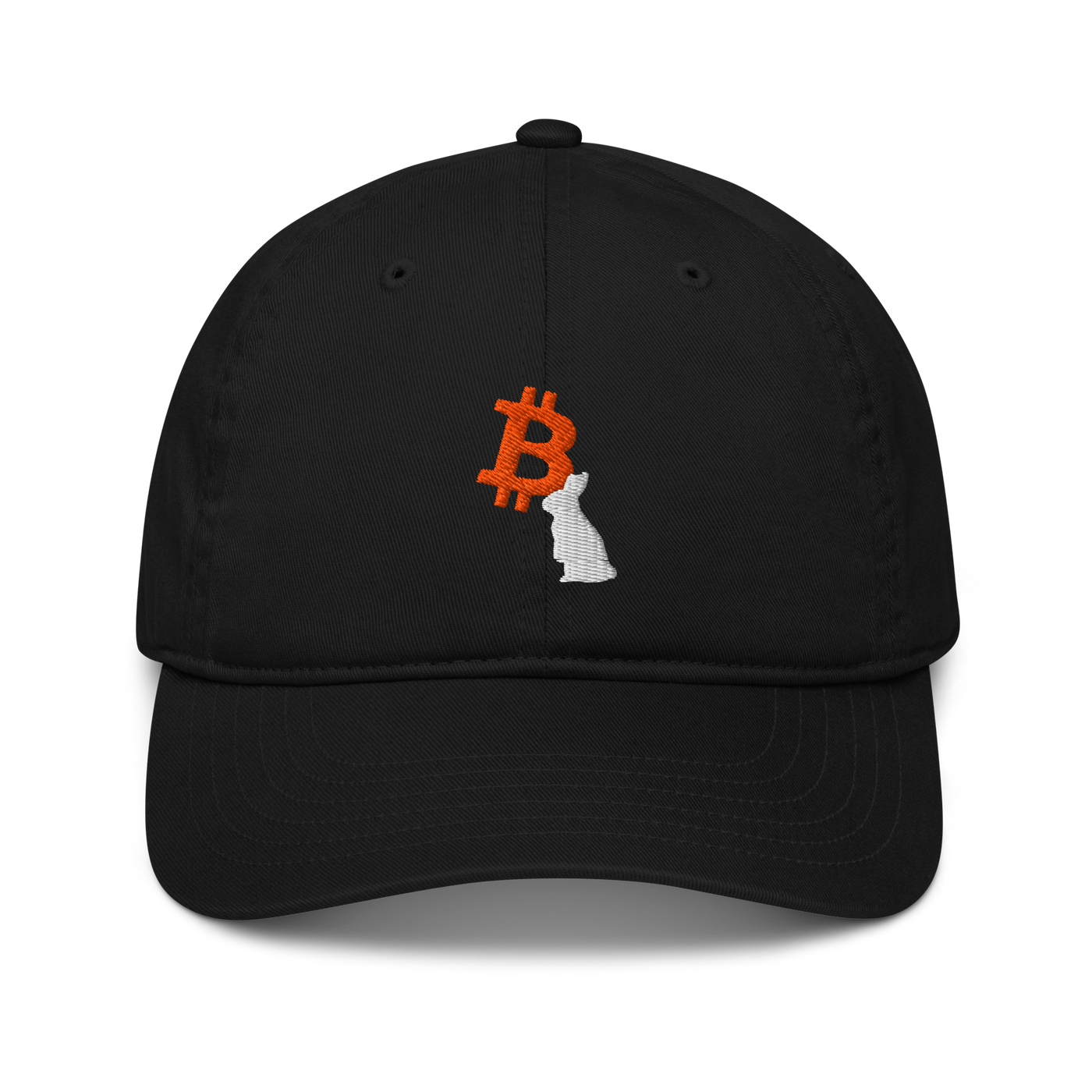 White Rabbit organic bitcoin dad hat, front view: an orange bitcoin B embroidered on the front with a white rabbit sitting in front of it, on a dad hat with a curved brim.