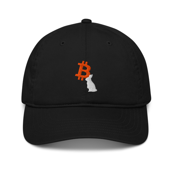 White Rabbit organic bitcoin dad hat, front view: an orange bitcoin B embroidered on the front with a white rabbit sitting in front of it, on a dad hat with a curved brim.