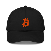 Bitcoin B organic bitcoin dad hat, front view: a black dad hat with a curved brim and an orange bitcoin B embroidered on the front.