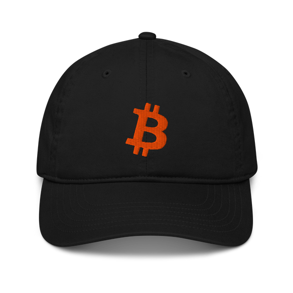 Bitcoin B organic bitcoin dad hat, front view: a black dad hat with a curved brim and an orange bitcoin B embroidered on the front.