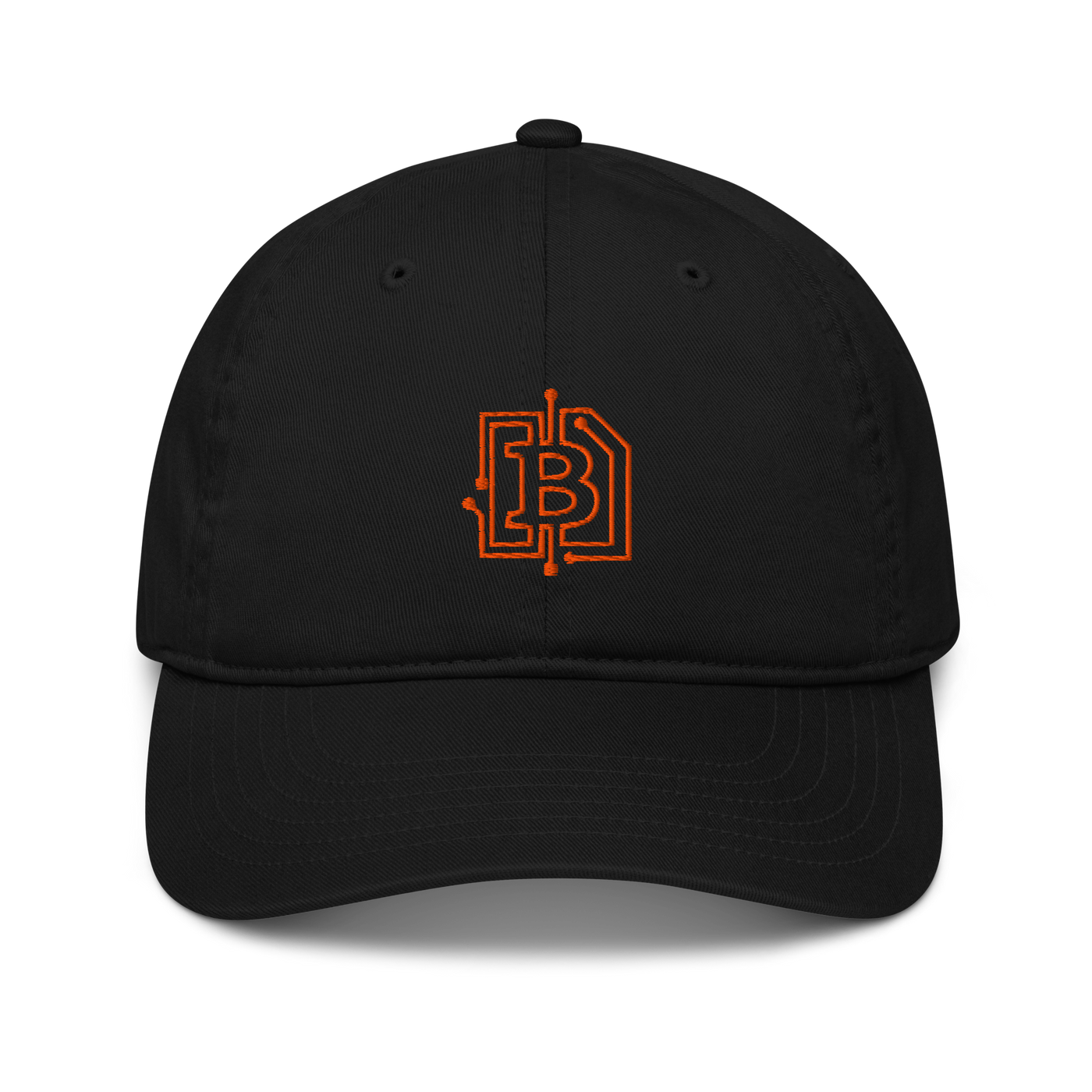 Circuit Board organic bitcoin dad hat, front view: a black dad hat with a curved brim and an orange bitcoin B embroidered as a circuit-board trace.