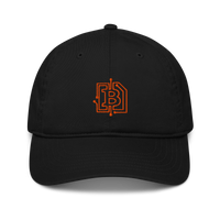 Circuit Board organic bitcoin dad hat, front view: a black dad hat with a curved brim and an orange bitcoin B embroidered as a circuit-board trace.