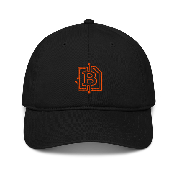 Circuit Board organic bitcoin dad hat, front view: a black dad hat with a curved brim and an orange bitcoin B embroidered as a circuit-board trace.