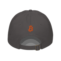 Back view of a charcoal grey bitcoin dad hat.