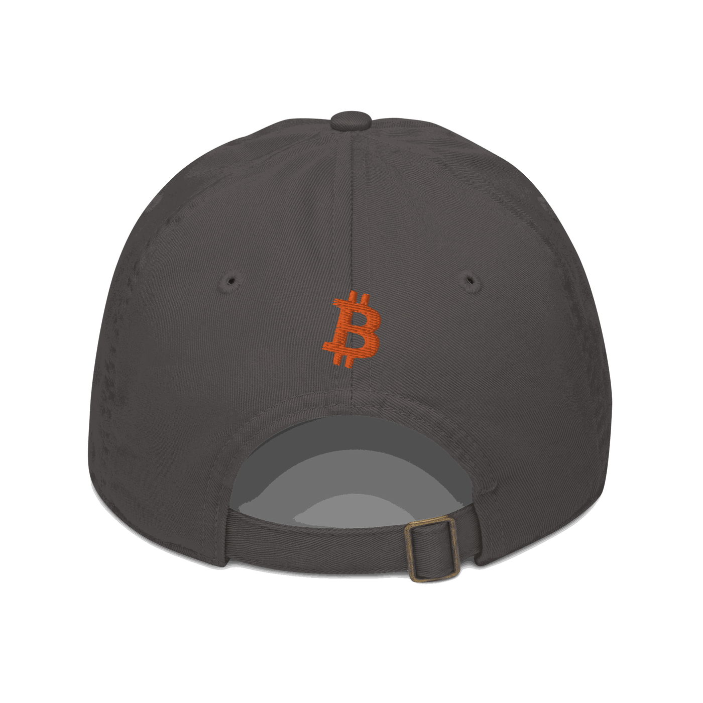 Back view of a charcoal grey bitcoin dad hat.