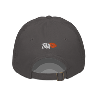 Back view of a charcoal grey bitcoin dad hat.