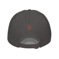 Back view of a charcoal grey bitcoin dad hat.