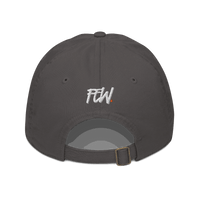 Back view of a charcoal grey bitcoin dad hat.