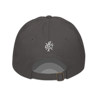 Back view of a charcoal grey bitcoin dad hat.