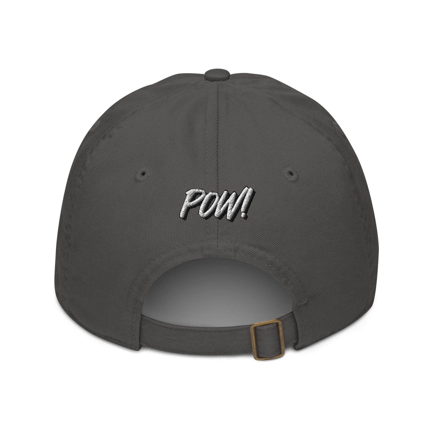 Back view of a charcoal grey bitcoin dad hat.