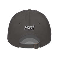 Back view of a charcoal grey bitcoin dad hat.