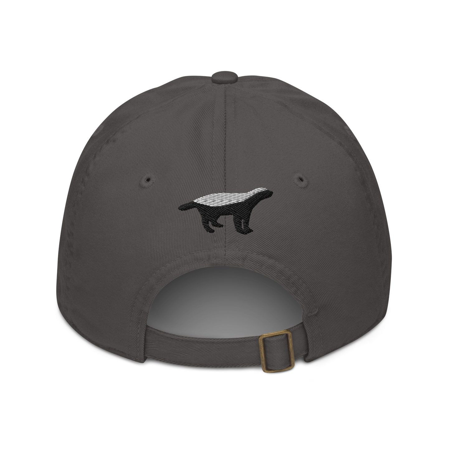 Back view of a charcoal grey bitcoin dad hat.