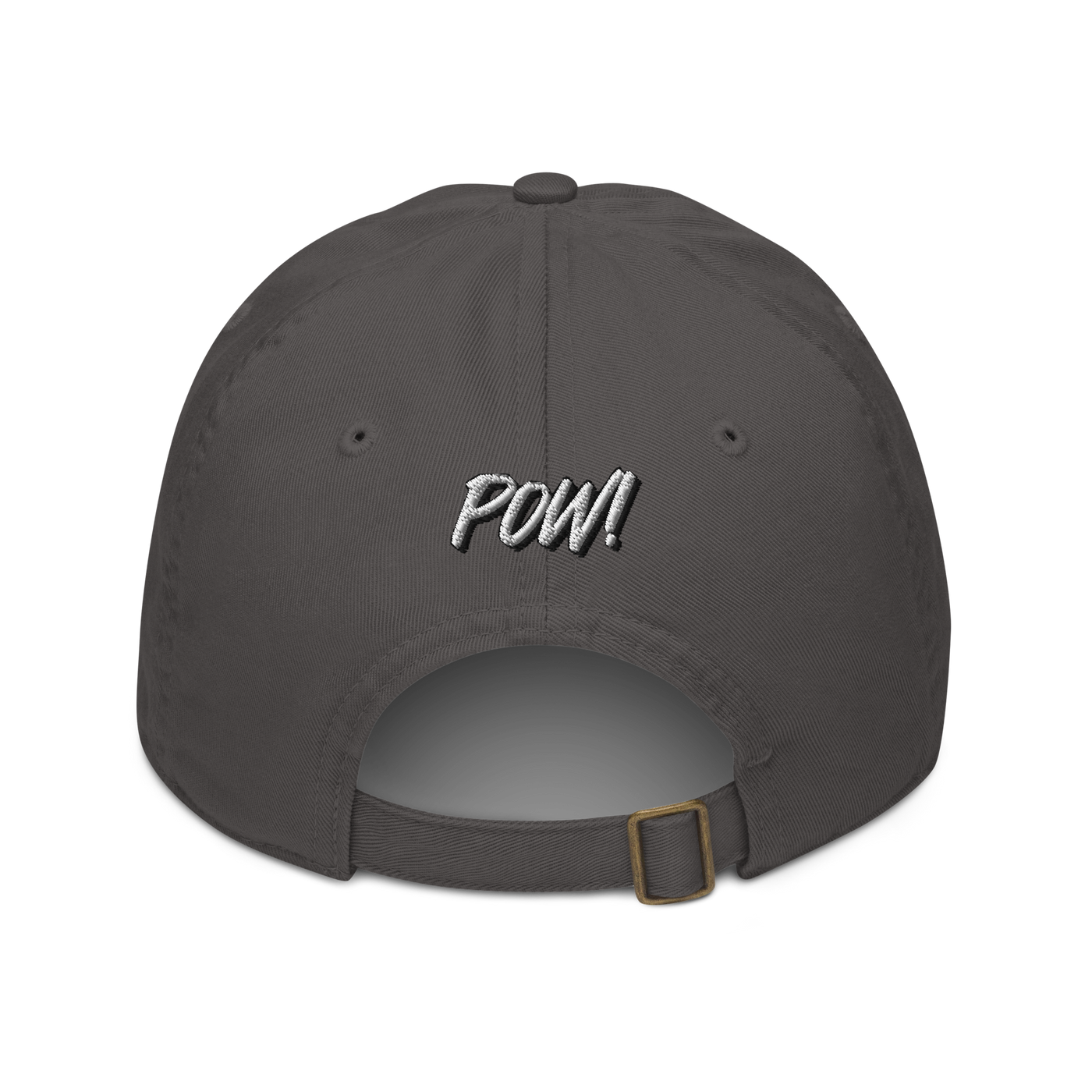 POW! organic bitcoin dad hat in Charcoal, back view.