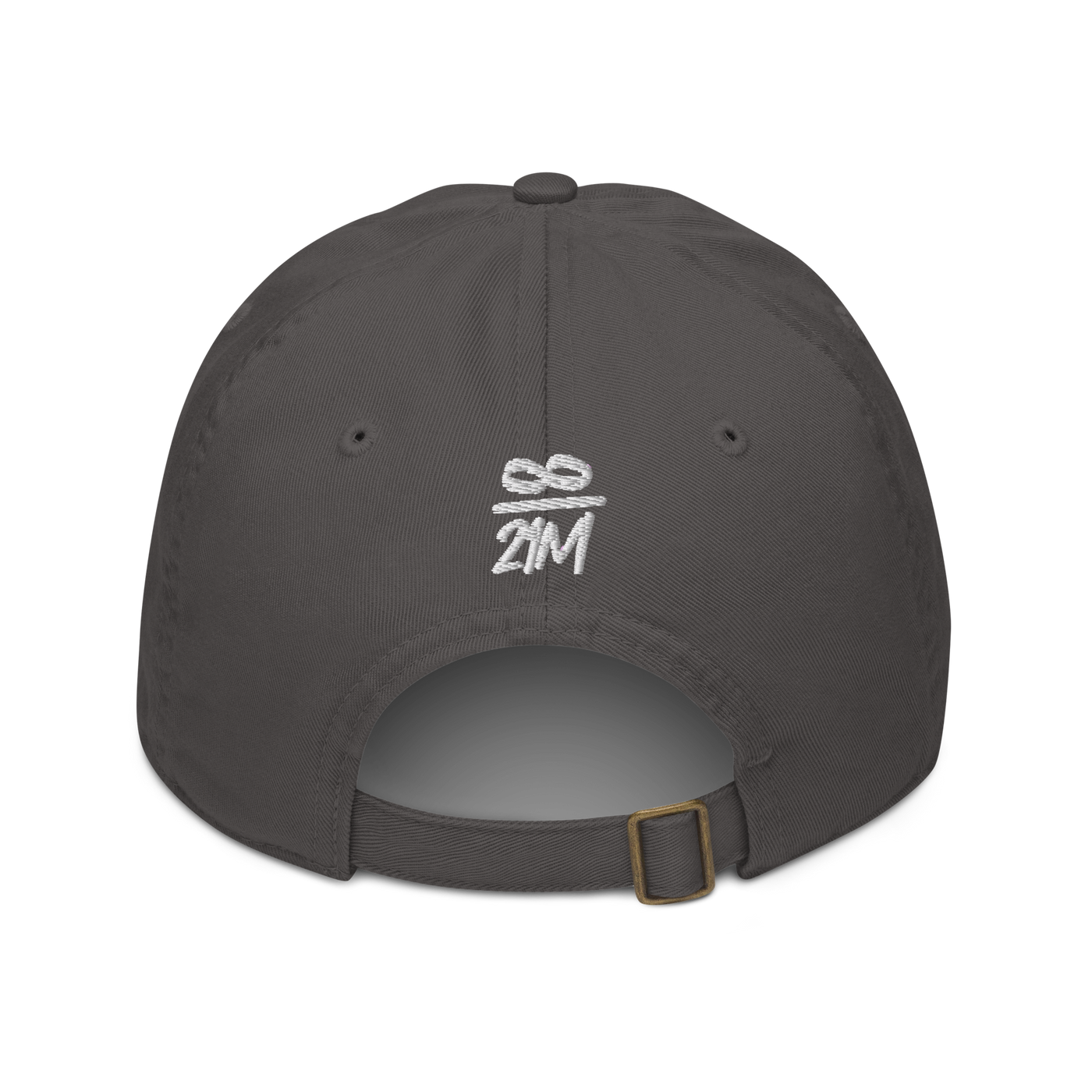 Infinity / 21M organic bitcoin dad hat in Charcoal, back view.
