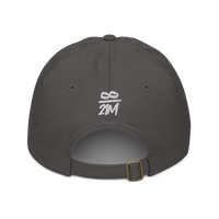 Infinity / 21M organic bitcoin dad hat in Charcoal, back view.