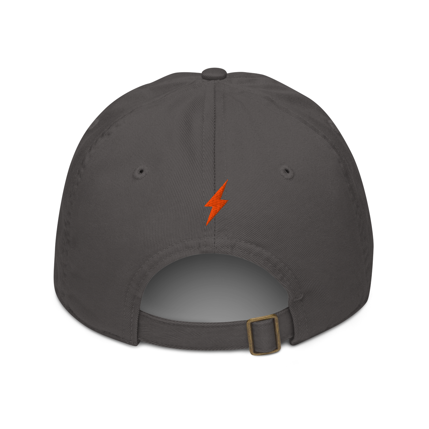 Lightning organic bitcoin dad hat in Charcoal, back view.