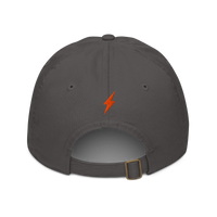 Lightning organic bitcoin dad hat in Charcoal, back view.