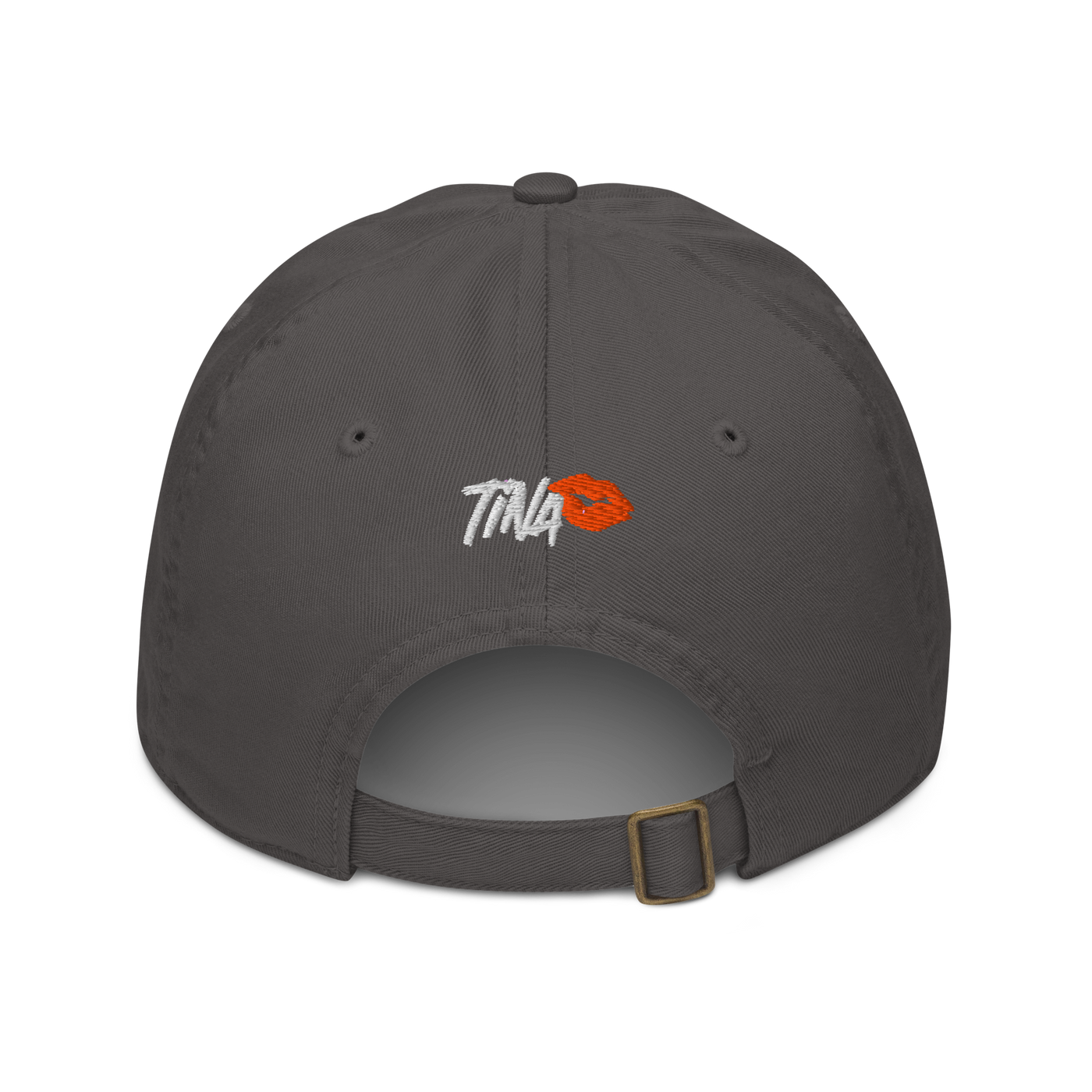 TINA organic bitcoin dad hat in Charcoal, back view.