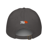 TINA organic bitcoin dad hat in Charcoal, back view.