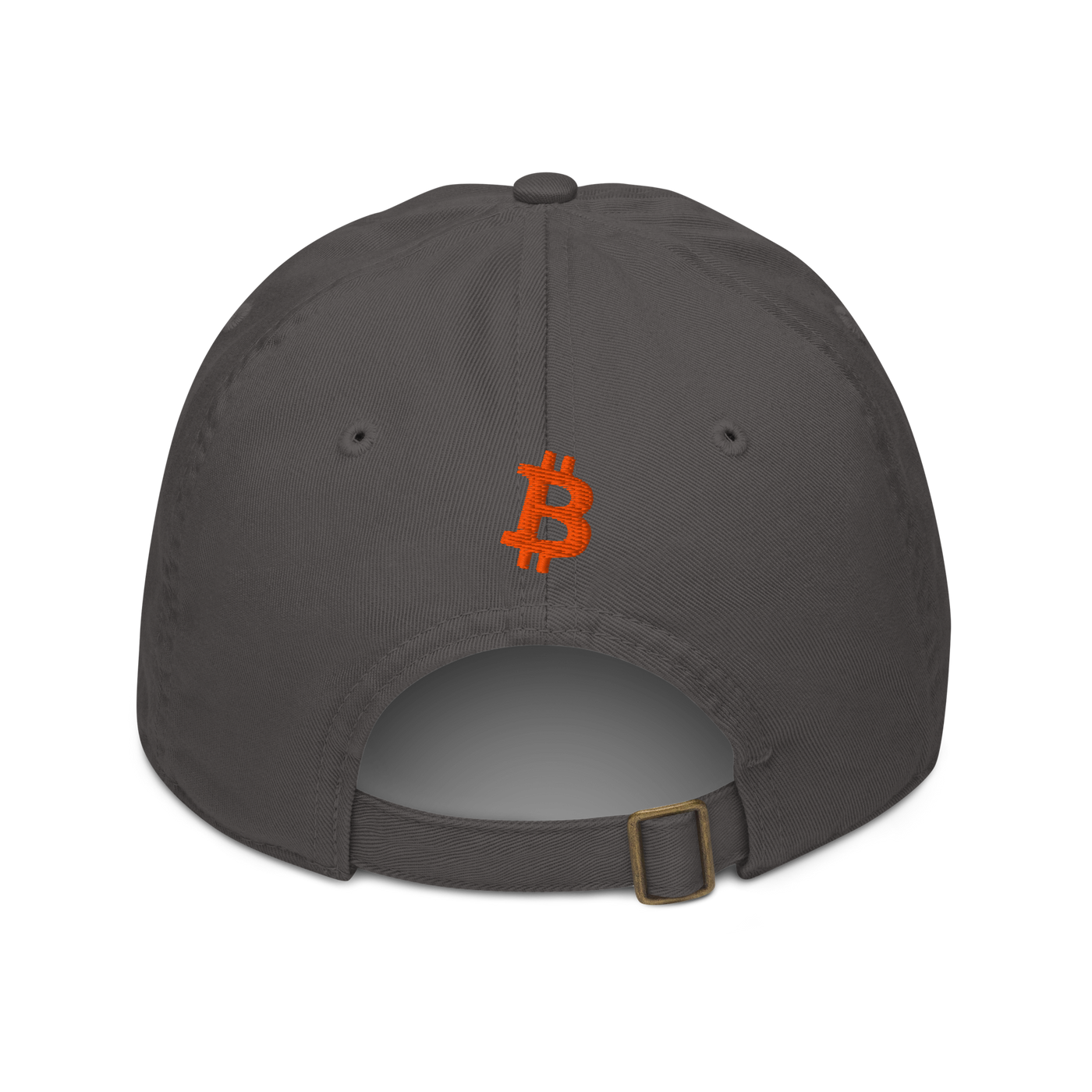 Bitcoin B organic bitcoin dad hat in Charcoal, back view.