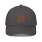 Front view of a charcoal grey bitcoin dad hat.