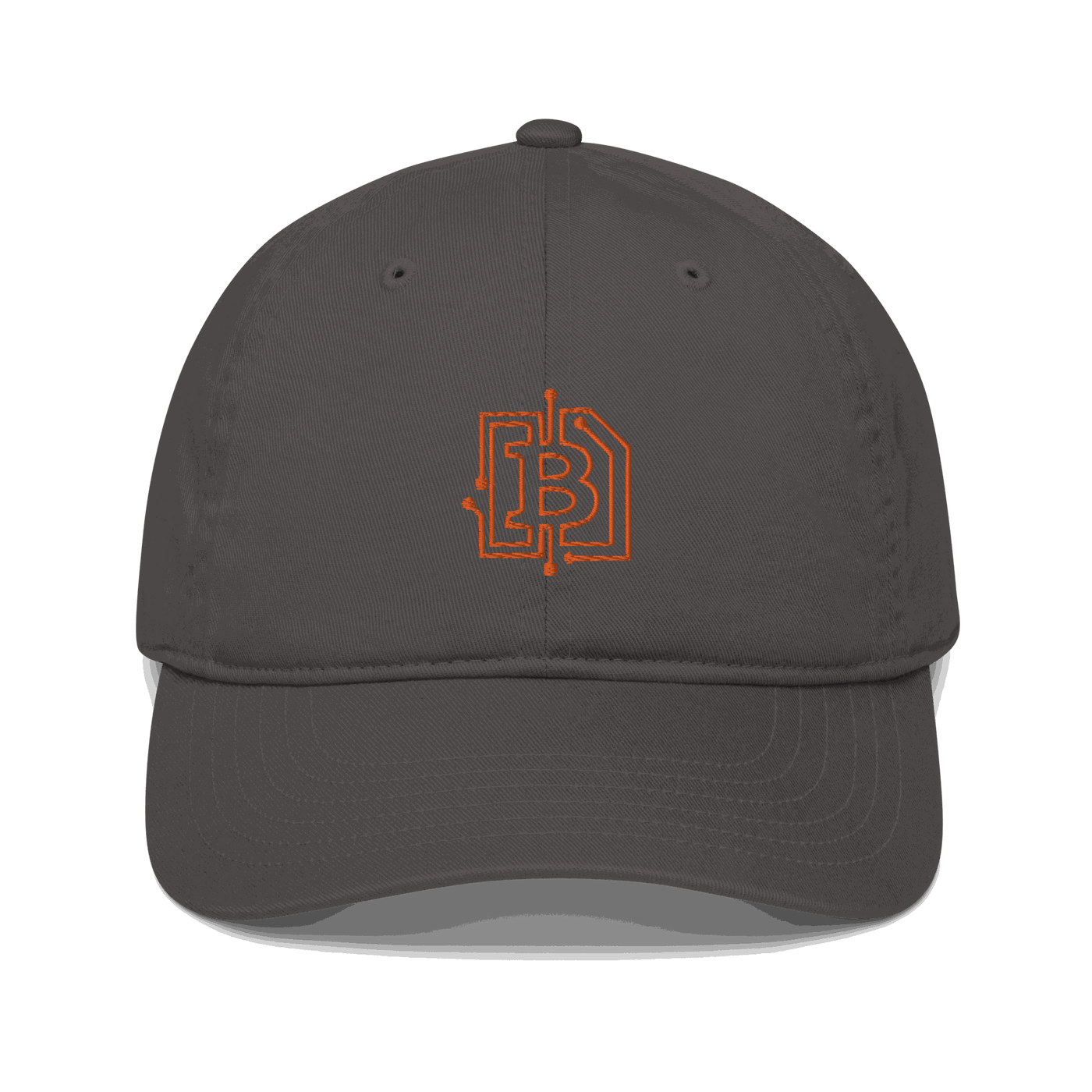Front view of a charcoal grey bitcoin dad hat.