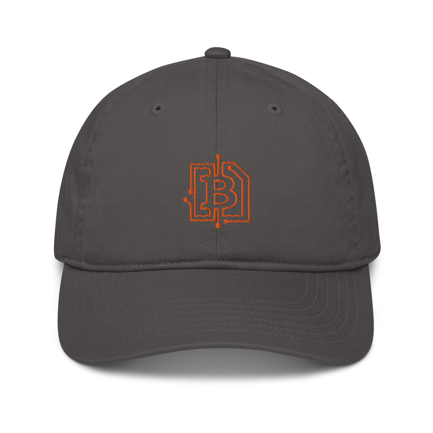 Front view of a charcoal grey bitcoin dad hat.