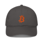 Front view of a charcoal grey bitcoin dad hat.