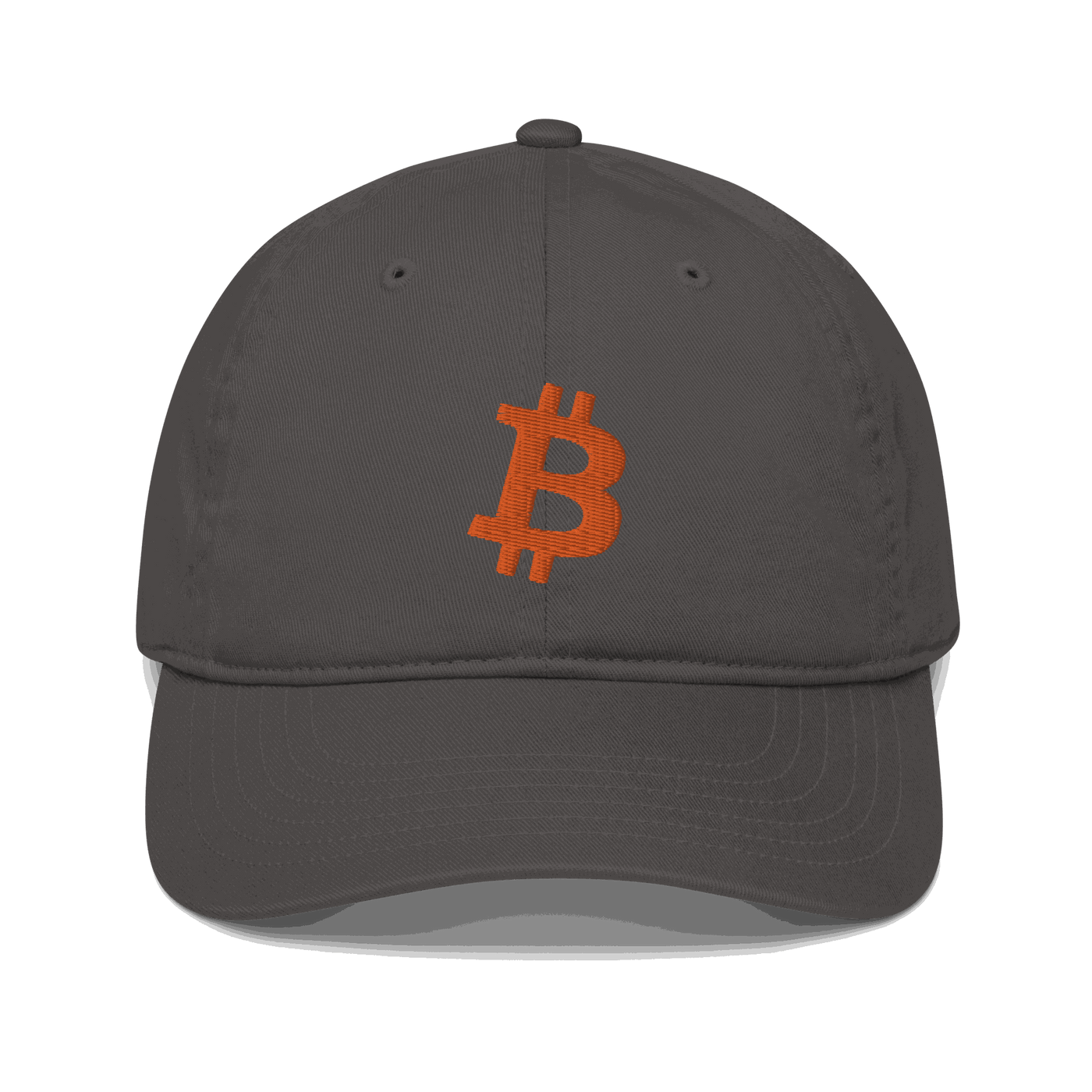 Front view of a charcoal grey bitcoin dad hat.