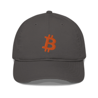 Front view of a charcoal grey bitcoin dad hat.