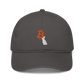 Front view of a charcoal grey bitcoin dad hat.