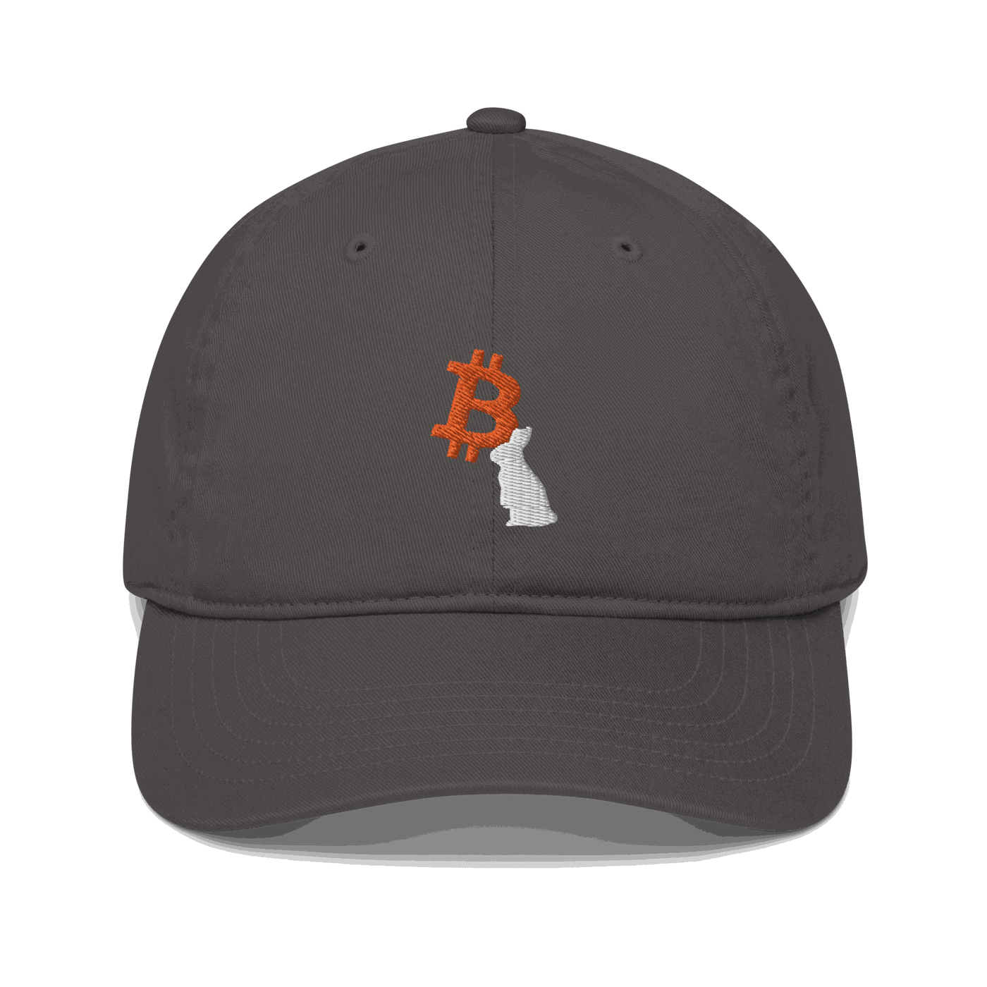 Front view of a charcoal grey bitcoin dad hat.