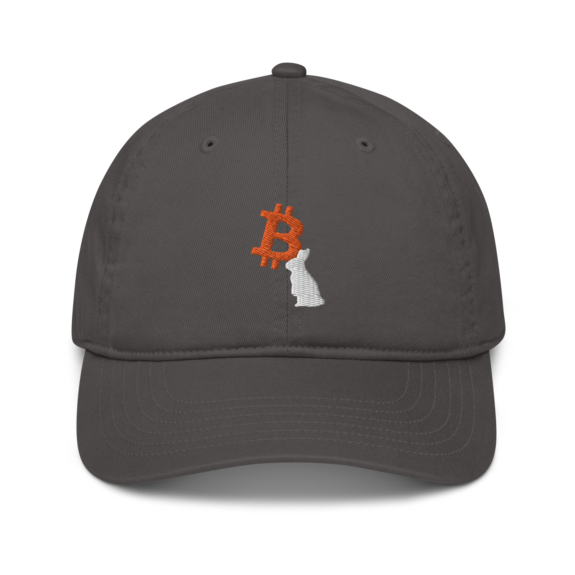 Front view of a charcoal grey bitcoin dad hat.