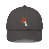 Front view of a charcoal grey bitcoin dad hat.