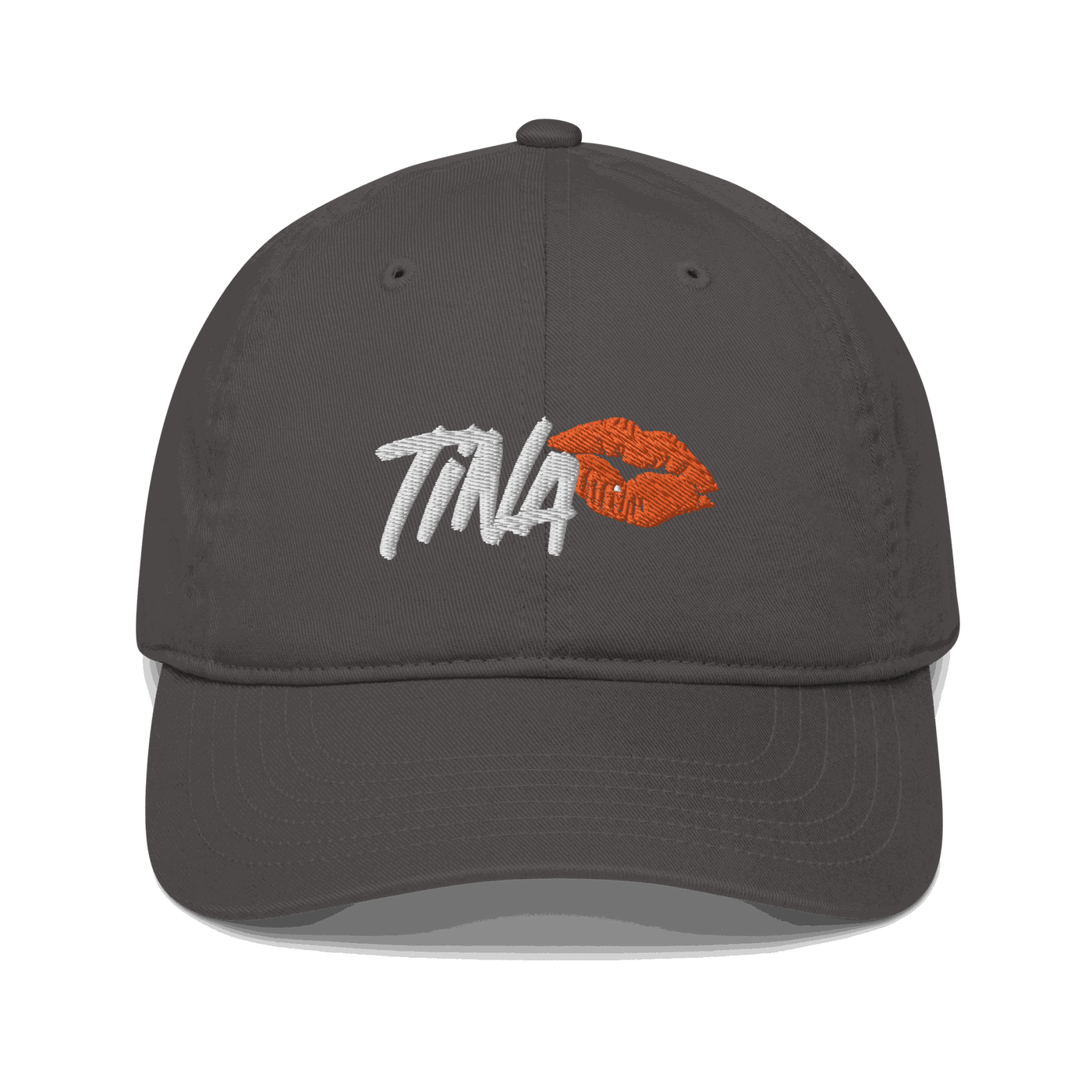 Front view of a charcoal grey bitcoin dad hat.