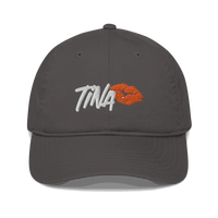 Front view of a charcoal grey bitcoin dad hat.