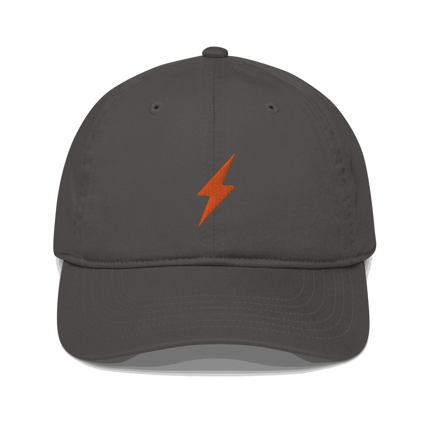 Front view of a charcoal grey bitcoin dad hat.