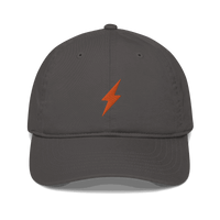 Front view of a charcoal grey bitcoin dad hat.