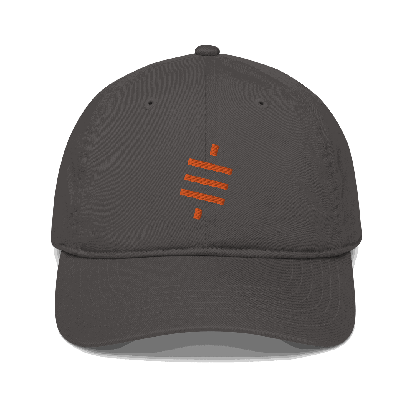 Front view of a charcoal grey bitcoin dad hat.