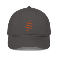 Front view of a charcoal grey bitcoin dad hat.