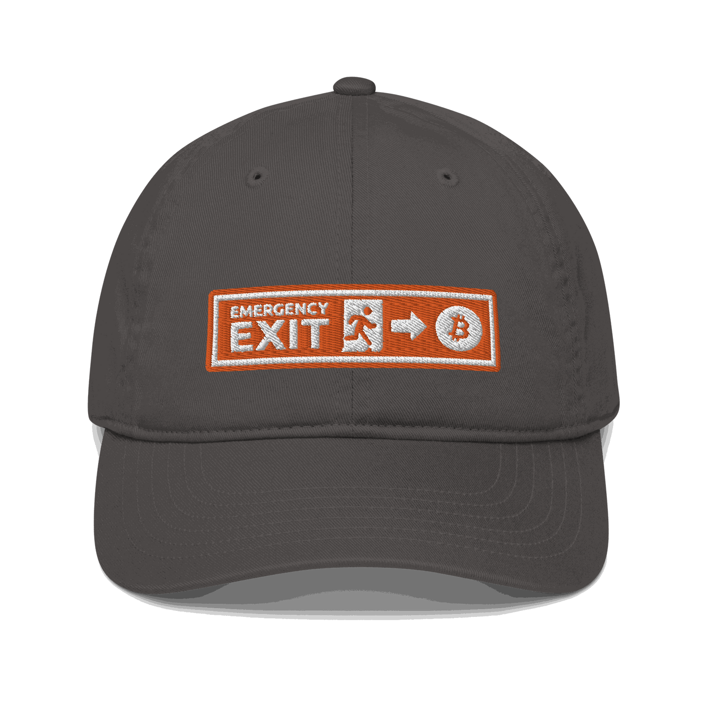 Front view of a charcoal grey bitcoin dad hat.